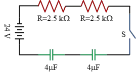 Two capacitor and two resistor in series with a battery in an RC circuit problem